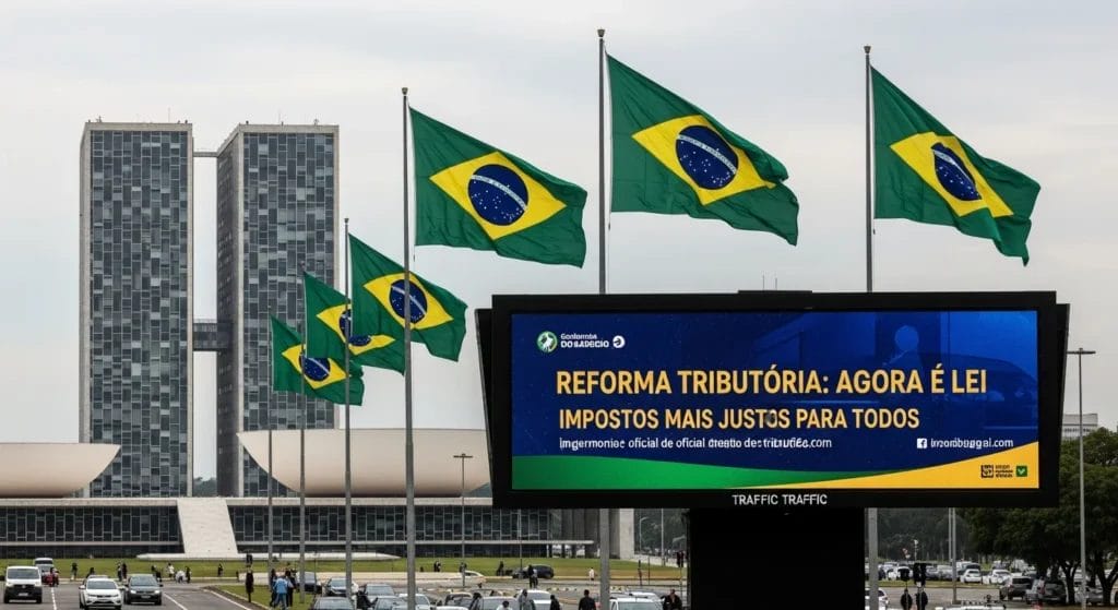Reforma Tributária: O Guia Definitivo para Entender os Impostos que Sumirão e os Novos Tributos que Vão Mudar o Consumo no Brasil. 1 Cena urbana brasileira com edifício governamental, bandeiras e painel de impostos, ilustrando reforma tributária entenda quais