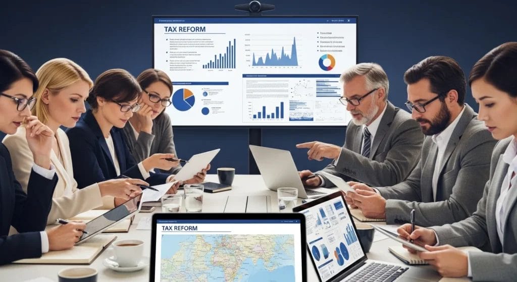 Profissionais de direito e contabilidade atentos em reunião, estudando reforma tributária não espere com tablets e gráficos