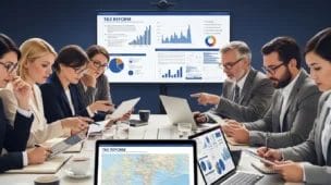 Profissionais de direito e contabilidade atentos em reunião, estudando reforma tributária não espere com tablets e gráficos