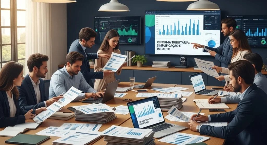 Imagem horizontal de 1536x1024 de uma sala de aula com profissionais analisando gráficos e documentos fiscais, cores verde e azul, reforçando a reforma tributária desvende vocabulário.
