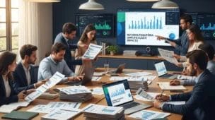 Imagem horizontal de 1536x1024 de uma sala de aula com profissionais analisando gráficos e documentos fiscais, cores verde e azul, reforçando a reforma tributária desvende vocabulário.