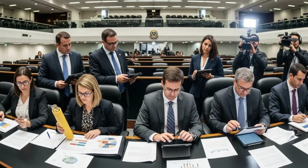 Imagem de um corredor de prefeitura com profissionais discutindo documentos sobre reforma tributária, com foco em vocabulário essencial reforma.