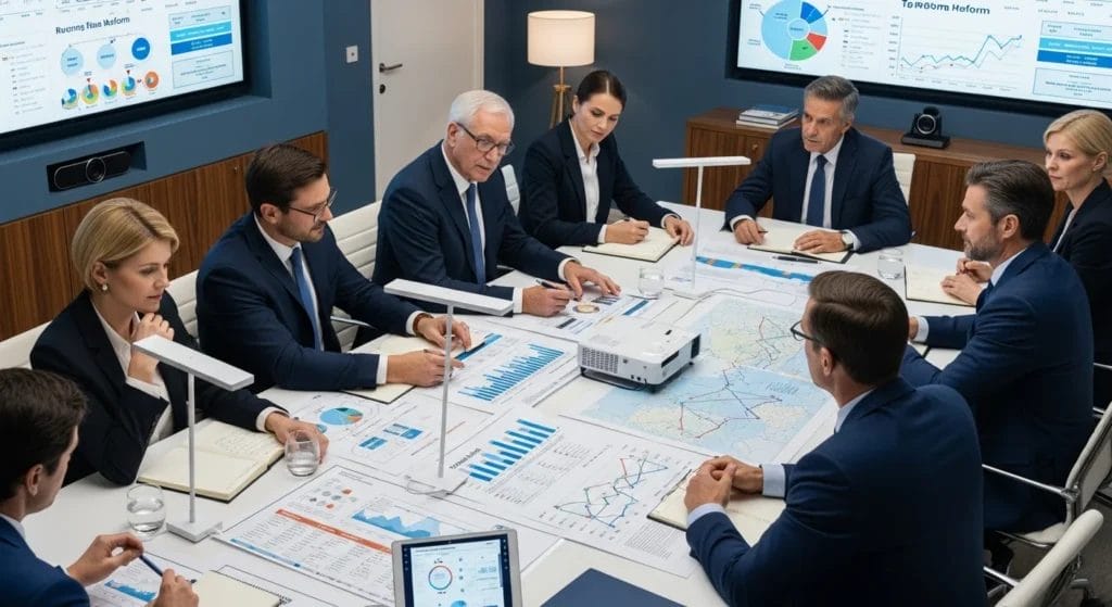 Imagem horizontal de empresários discutindo reforma tributária com mapas e gráficos, simbolizando IBS CBS Revolução IVA.