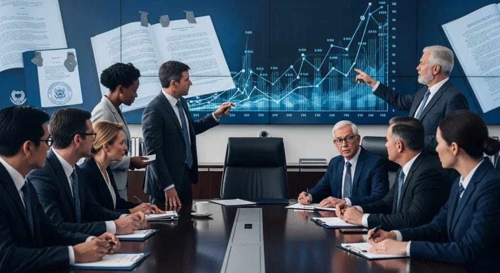 O Fim de uma Era: PL 2.490/22 Corrige Erro Histórico no IR sobre Juros Remetidos ao Exterior e Promete Revolucionar a Tributação Brasileira. 1 Cena de empresários e governantes discutindo IR exterior pl 2 com gráficos e documentos legais