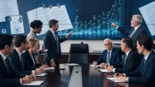 Cena de empresários e governantes discutindo IR exterior pl 2 com gráficos e documentos legais