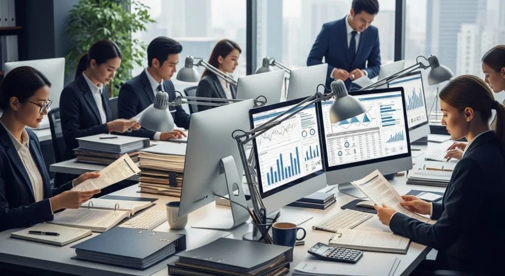 Sócio Retirante de Ltda: Apure Seus Haveres Sem Erros e Garanta Cada Centavo na Saída da Sociedade – Guia Completo para o Brasil! 1 Profissionais analisando documentos e gráficos de balanço em escritório de contabilidade com foco em sócio retirante Ltda guia