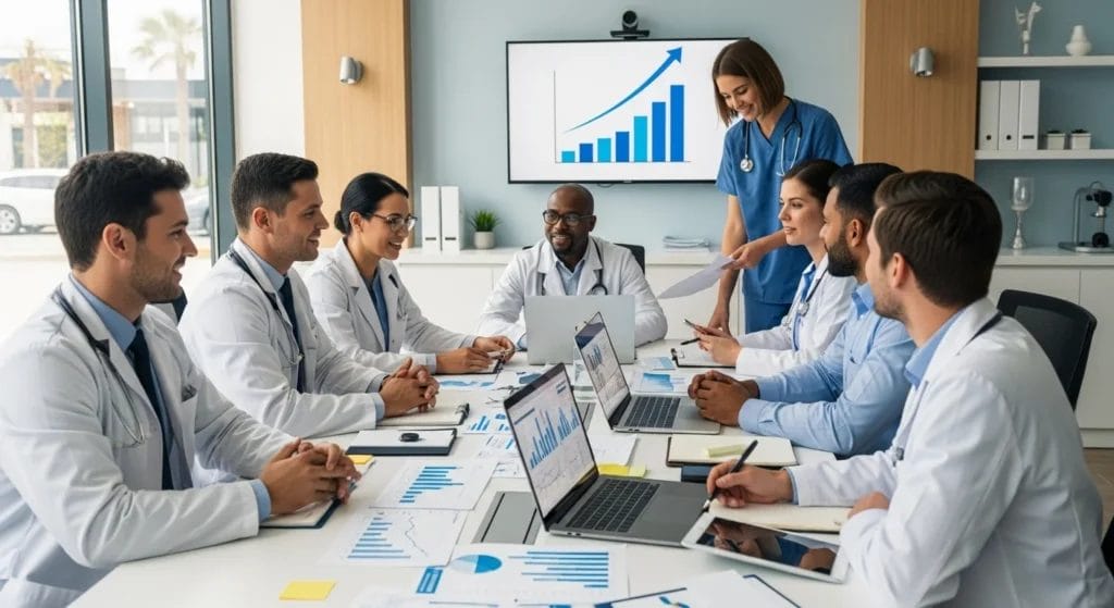 Reforma Tributária para Médicos e Clínicas: O Guia Completo sobre a Redução de 60% no IVA e os Novos Créditos Fiscais Essenciais 1 Cena de clínica médica moderna com médicos planejando estratégias sobre reforma tributária para médicos entenda