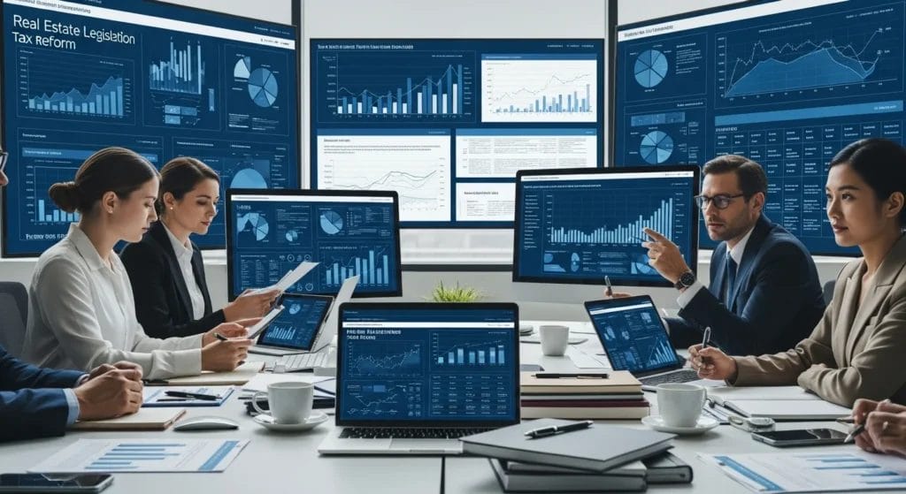 Reforma Tributária: O Fim do RET para Incorporadoras e as Novas Regras de Transição da Lei Complementar 214. Você está pronto? 1 Reunião de profissionais discutindo a reforma tributária, com gráficos e telas exibindo dados do RET e legislação.