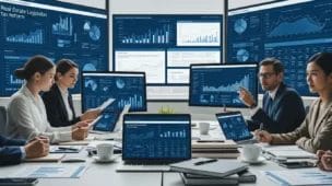 Reunião de profissionais discutindo a reforma tributária, com gráficos e telas exibindo dados do RET e legislação.