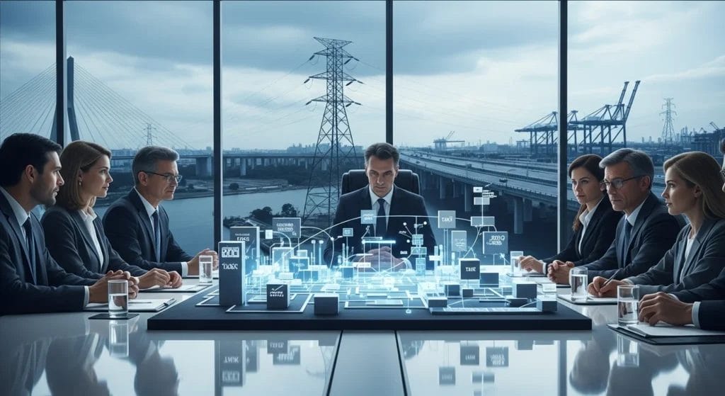 Petrobras Lidera Ranking: As Gigantes que Mais Pagam Tributos no Brasil em 2024 e Seu Impacto Fiscal na Economia. 1 Reunião de executivos com gráfico de tributos, infraestrutura brasileira ao fundo, cores sóbrias