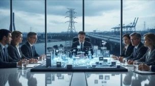 Reunião de executivos com gráfico de tributos, infraestrutura brasileira ao fundo, cores sóbrias