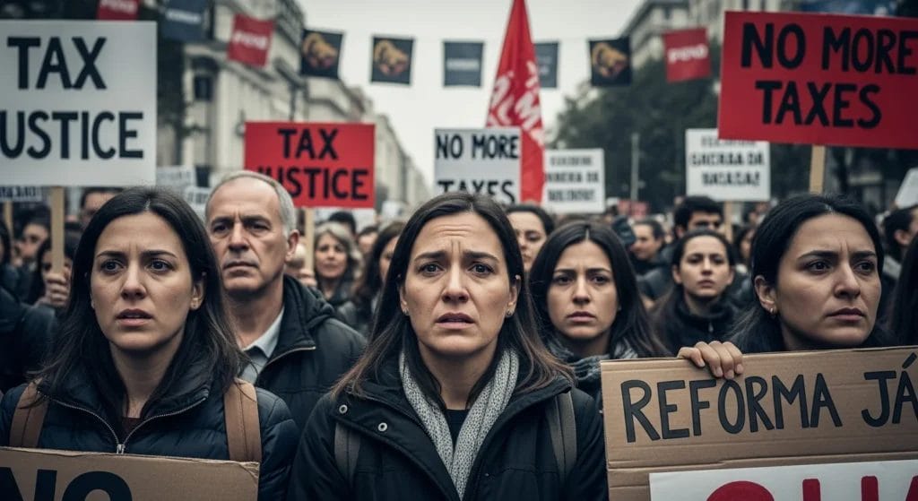 Alerta Urgente: Reforma Tributária pode criar 'Tributo sobre Tributo', frustrando a simplificação e acendendo nova 'Tese do Século' judicial no Brasil. 1 Cena de protesto na rua com pessoas segurando cartazes contra a reforma tributária 8216 tributo