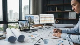 Arquiteto analisando plantas de imóveis em escritório moderno, com gráficos e documentos, ilustrando reforma tributária imobiliária que impacta o setor.