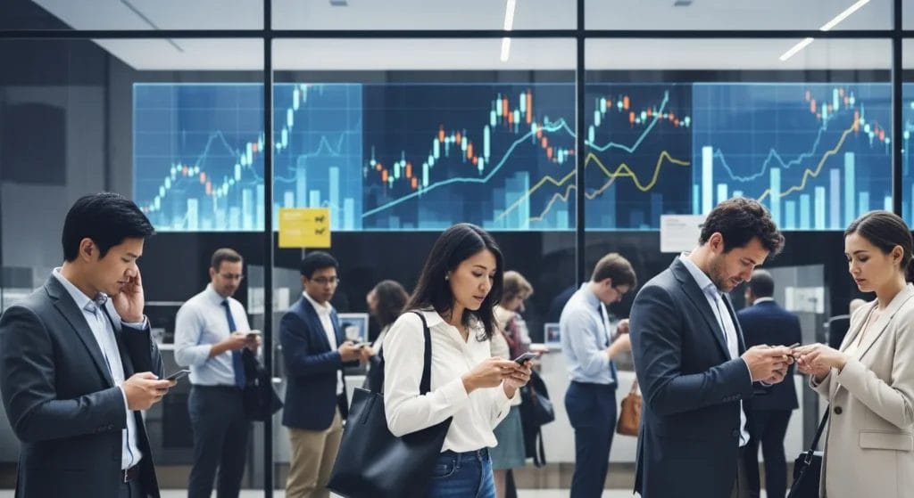 Cena de agência bancária moderna com clientes na fila, telas digitais exibindo gráficos e ambiente de preocupação, juros tarifas bancos digitais