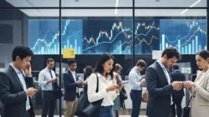 Cena de agência bancária moderna com clientes na fila, telas digitais exibindo gráficos e ambiente de preocupação, juros tarifas bancos digitais