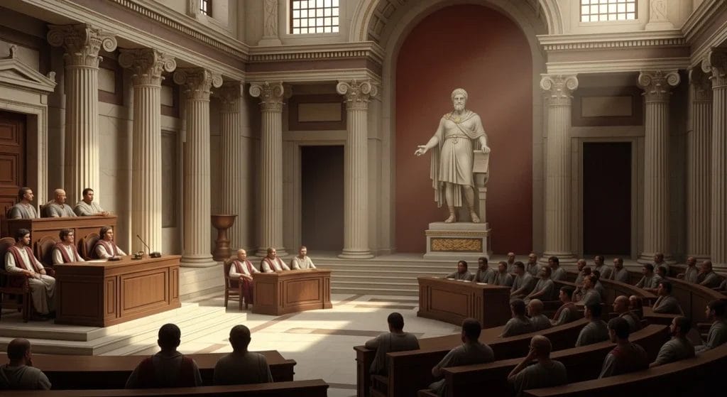 Por que o Poder das Leis Escritas, uma Lição Milenar de Sólon ao STF, é Mais Crucial do que Nunca para a Segurança Jurídica no Brasil? 1 Imagem de uma antiga sala de tribunal grega com estátua de Sólon, ressaltando o poder das leis escritas é em tons terrosos e dourados