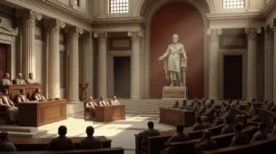 Imagem de uma antiga sala de tribunal grega com estátua de Sólon, ressaltando o poder das leis escritas é em tons terrosos e dourados