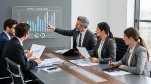 Imagem de sociedades advogados navegando insegurança, analisando documentos e gráficos em escritório corporativo.