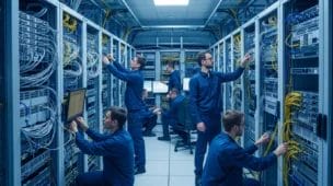 Sala de servidores moderna com técnicos ajustando equipamentos, destacando serpro instala 50 toneladas