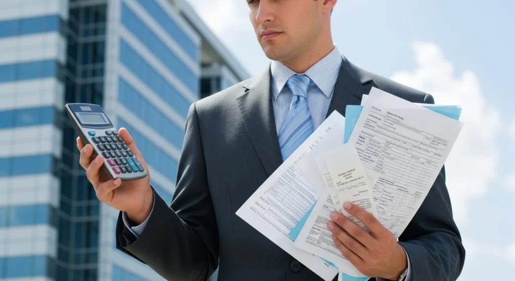 Tributação de Dividendos: O Guia Definitivo para Simples Nacional e Lucro Presumido. Evite Armadilhas Fiscais e Proteja Seu Patrimônio no Brasil! 1 Imagem horizontal de um empresário com calculadora e documentos fiscais ao fundo, cores sóbrias na cor azul, cinza e branco, transmitindo seriedade e gestão financeira, destacando a palavra-chave descobrir verdade tributação dividendos.