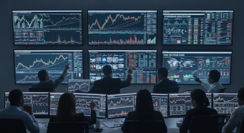 Imagem mostrando sala de controle de investimentos do fundo soberano Noruega vê com telas financeiras e equipe analisando dados.