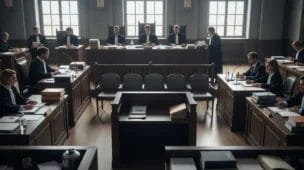 Imagem horizontal de tribunal com juízes e advogados, mesa vazia e cadeiras ao fundo, refletindo decisão do TRT-15 sobre vínculo com PJ.