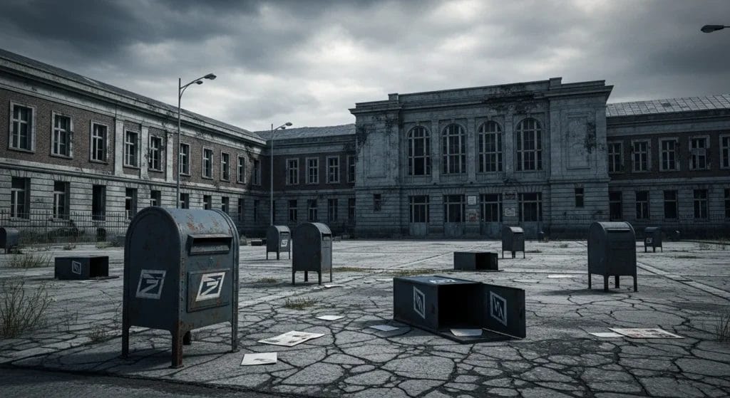 Crise nos Correios: Por Que a Reinvenção Estratégica é o Único Caminho para o Futuro no Brasil 1 Imagem de uma praça postal vazia com caixotes abandonados, prédios antigos do Correios e céu nublado, simbolizando crise financeira que enfrenta a instituição.