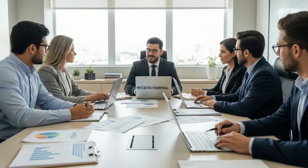 Programa Confia da Receita Federal: O guia essencial para grandes empresas navegarem na Reforma Tributária e eliminarem incertezas fiscais. 1 Reunião de empresários com representante da Receita Federal discutindo programa confia receita ponte