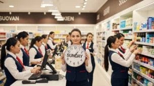 Imagem de uma loja vibrante com mulheres trabalhadoras e relógio destacando domingo, simbolizando descanso feminino choque.