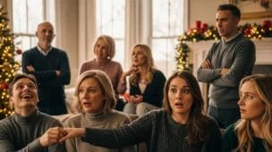 Reunião familiar de fim de ano com expressões emotivas, refletindo emoções e a astrologia ajuda a evitar tretas