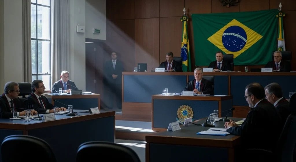 Cena de uma sala de tribunal do STJ com pessoas debatendo, bandeira do Brasil ao fundo, cores sóbrias
