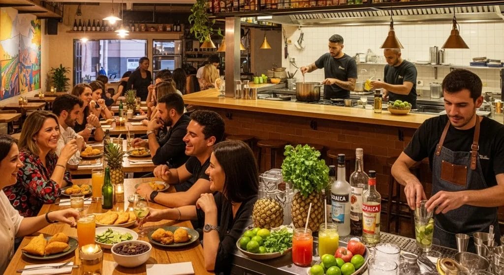 Imagem de um bar movimentado com funcionários e clientes, destacando o setor de bares e restaurantes na reforma tributária