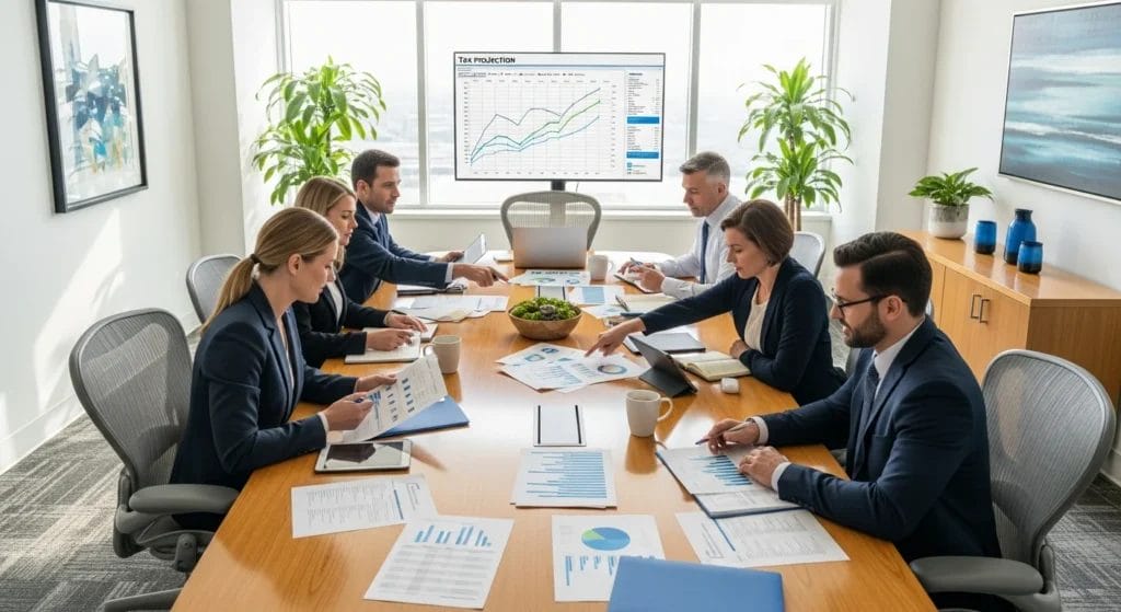 Profissionais em uma sala de reunião analisando documentos sobre reforma tributária descontos incondicionais