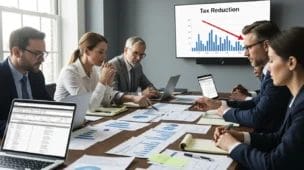 Reforma tributária descontos incondicionais: Empresários analisando gráficos financeiros na sala de reunião