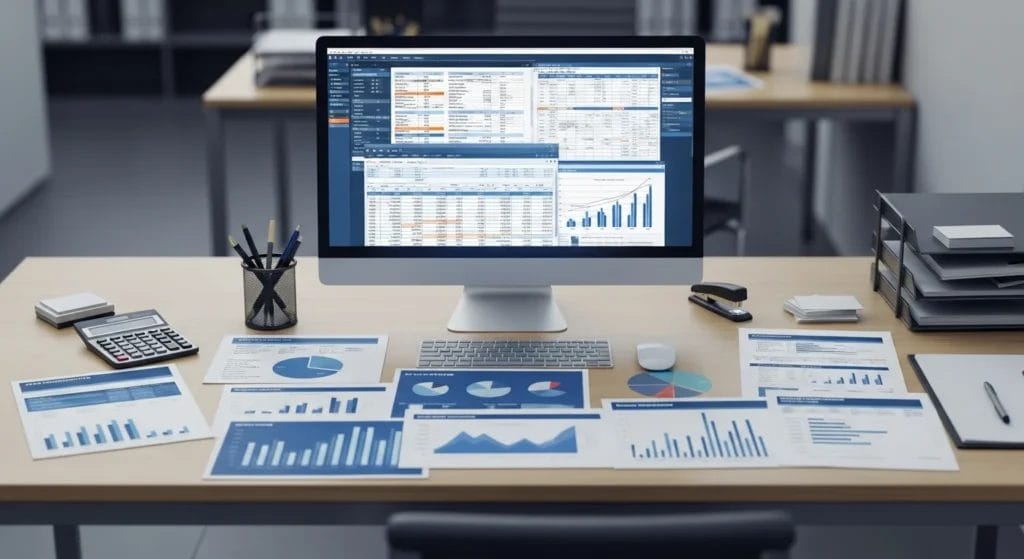 Imagem horizontal de escritório com documentos, gráficos e tela de computador sobre IBS CBS entenda como