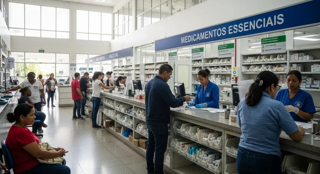 Farmácia pública com pessoas acessando medicamentos alíquota zero de IBS, transmitindo esperança e mobilidade social