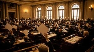 Imagem do Senado aprovando corte de 10%, senators votando com mãos levantadas em ambiente aquecido