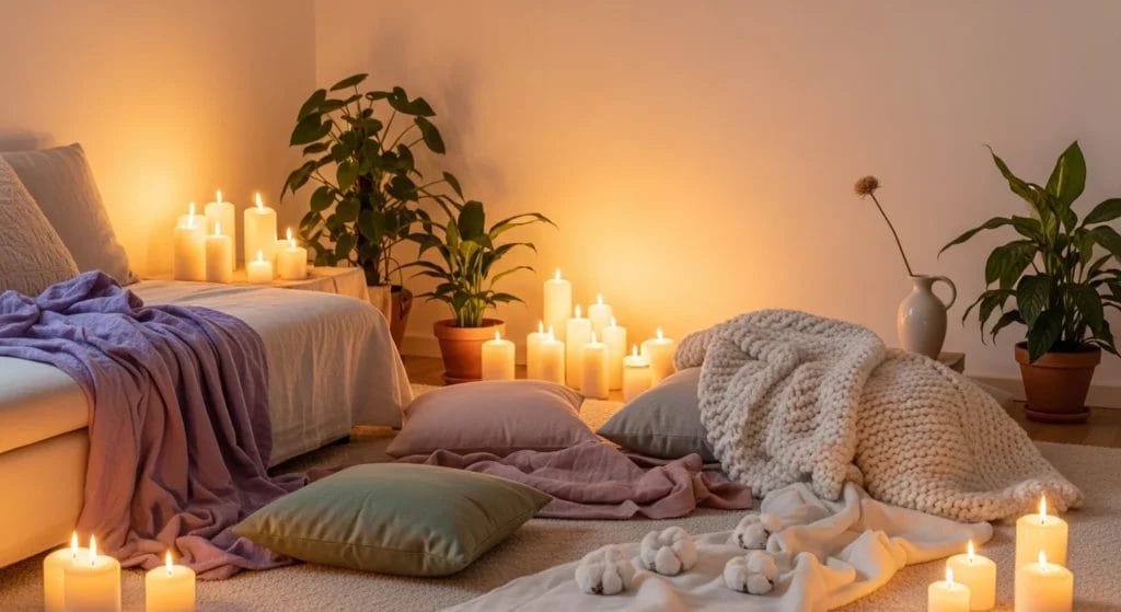 Ambiente aconchegante com luz dourada, velas e plantas, refletindo a tendência soft witch descobrir a tendência