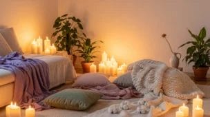 Ambiente aconchegante com luz dourada, velas e plantas, refletindo a tendência soft witch descobrir a tendência