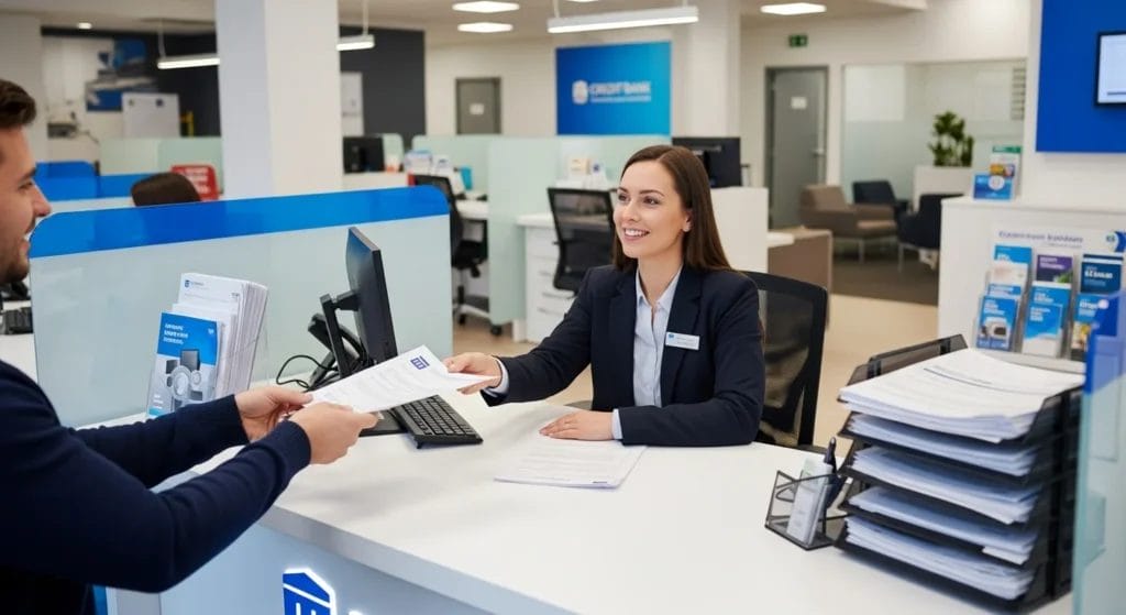 Imagem de agência bancária moderna com pessoa entregando documentos a profissional de crédito, transmitindo confiabilidade e seriedade, com destaque em elementos bancários e papéis.