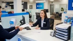 Imagem de agência bancária moderna com pessoa entregando documentos a profissional de crédito, transmitindo confiabilidade e seriedade, com destaque em elementos bancários e papéis.