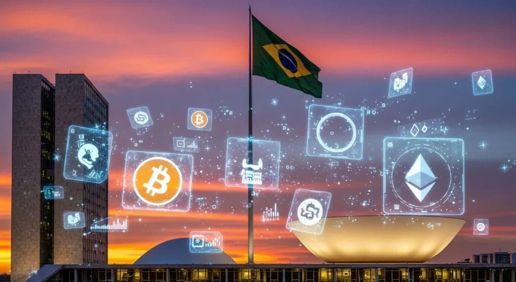 Imagem de um prédio governamental em Brasília ao pôr do sol com hologramas de criptomoedas e a palavra-chave em destaque
