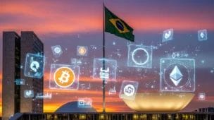 Imagem de um prédio governamental em Brasília ao pôr do sol com hologramas de criptomoedas e a palavra-chave em destaque