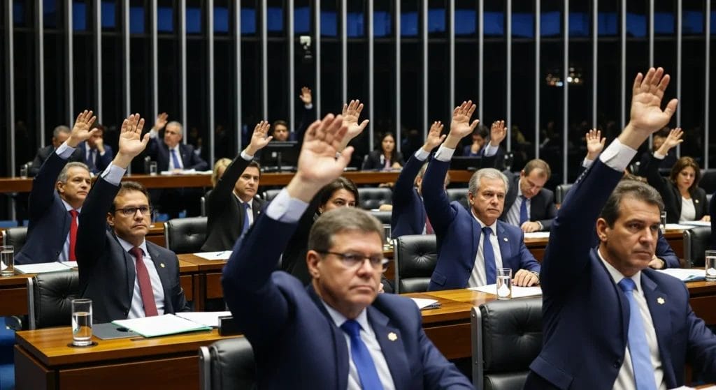 EXCLUSIVO: PLP 108 da Reforma Tributária Passa! Descubra os Créditos em Vales e a Decisão Crucial sobre o Simples Nacional. 1 Cena de plenário do Congresso com deputados votando, destacando mãos levantadas e expressão séria, falando sobre regulamentação reforma tributária PLP