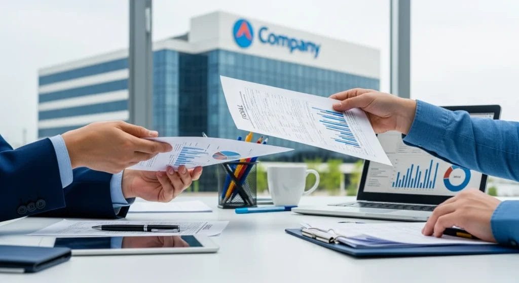 Imagem de empresas com mãos trocando documentos fiscais, gráficos e elementos empresariais, destacando ressarcimento IBS CBS pode influenciar negócios.