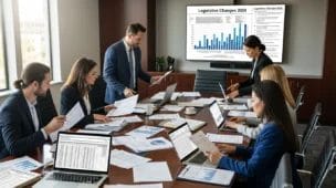 Cena de reunião empresarial com documentos fiscais e gráficos, abordando Simples Nacional 2026 empresas