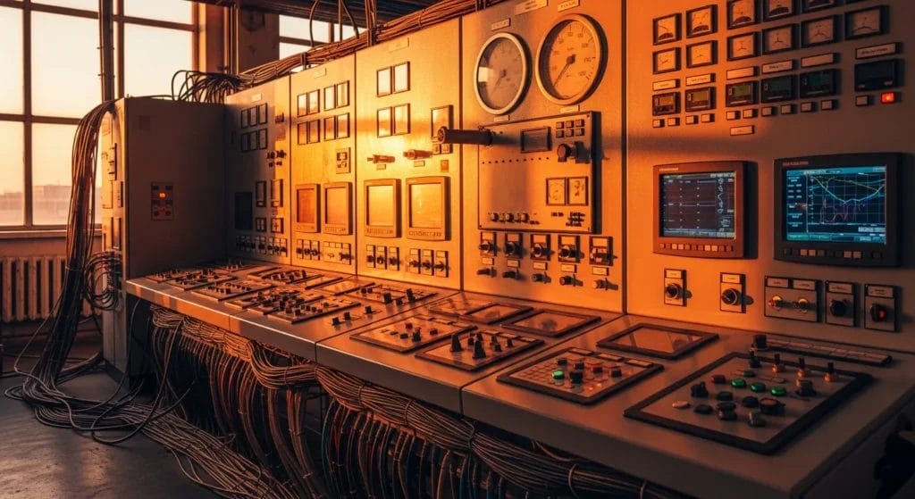 Imagem de painel de controle de usina de energia ao pôr do sol, com cabos e máquinas em operação, destacando reforma tributária polêmica ibs