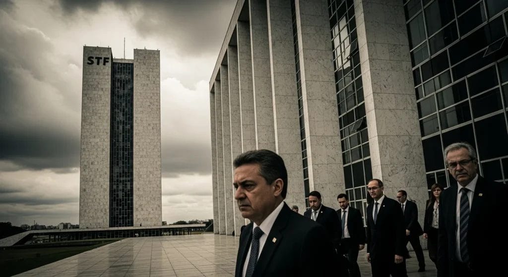 Fachada do STF com ministros saindo, imagem sombria em tons sépia e cinza, revelando limites internos e conduta política.