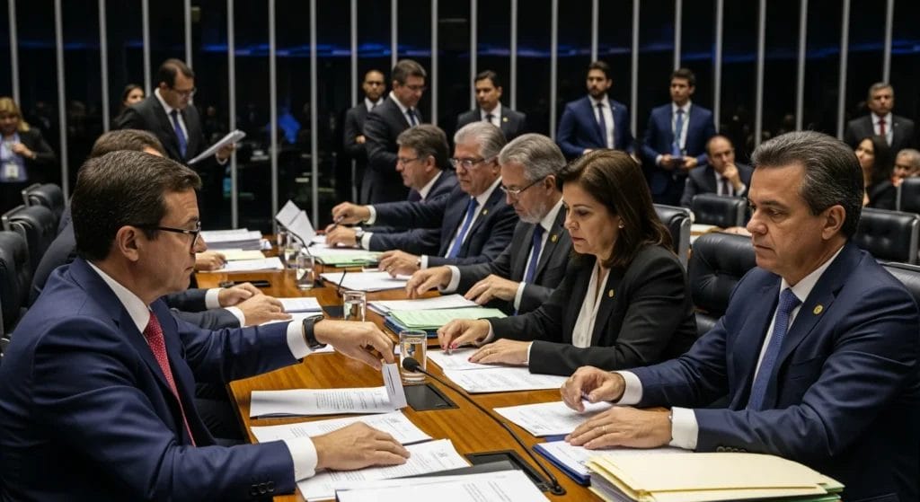 Regulamentos do IBS e CBS: Atraso Inesperado! Descubra por que a reforma tributária só terá suas regras publicadas em janeiro de 2026 após o PLP 108. 1 Imagem de uma sala de votação no Congresso, deputados e senadores com expressão de expectativa, ambiente sério com tons de cinza e azul, documentos dispersos na mesa. Palavra-chave: regulamento ibs cbs deve.
