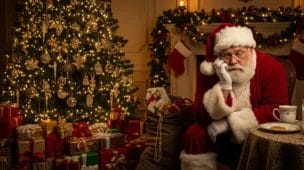 Papai Noel cansado sentado em sala natalina, simbolizando síndrome burnout papai noel e sobrecarga emocional